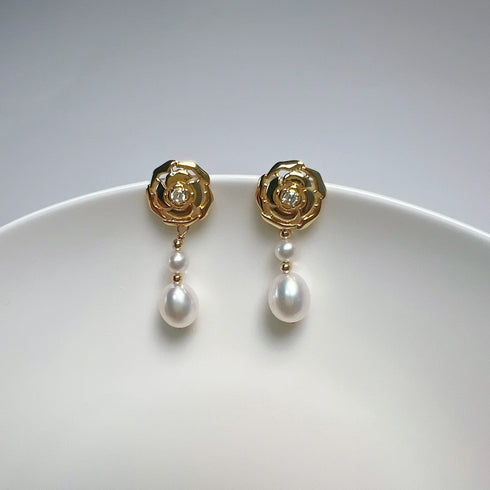 Camellia Pearl Long Drop Earrings